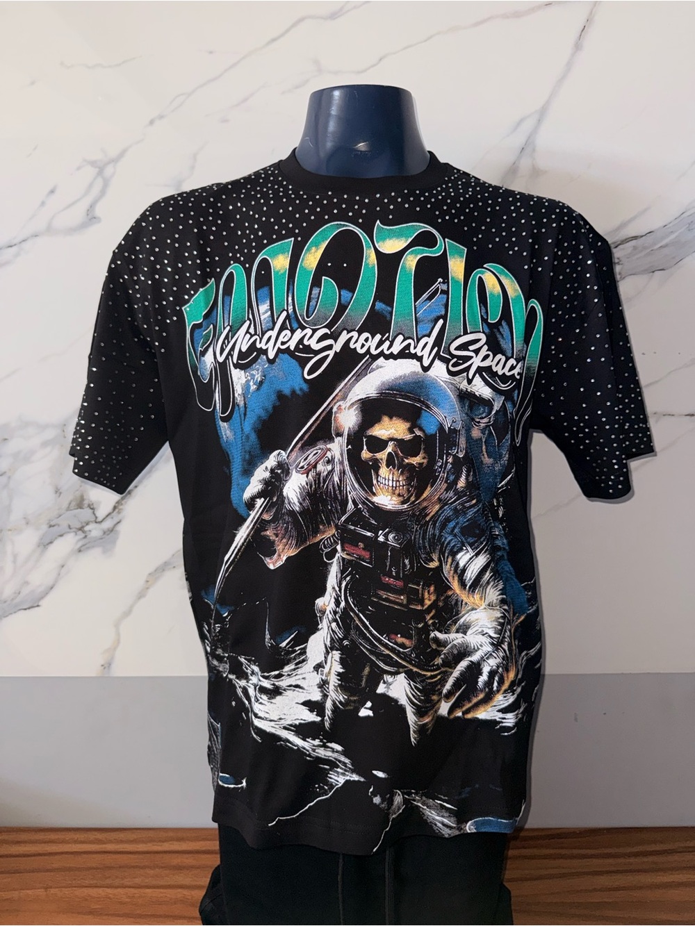 Mixed Emotions Space Black Graphic Tee with Astronaut Skull